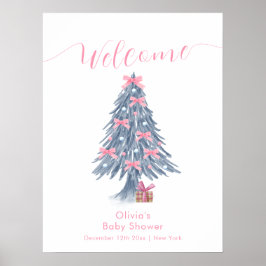Pink Winter Bow Christmas Tree Baby Shower Welcome Poster