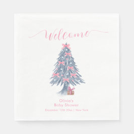 Pink Winter Bow Christmas Tree Baby Shower Welcome Serviette