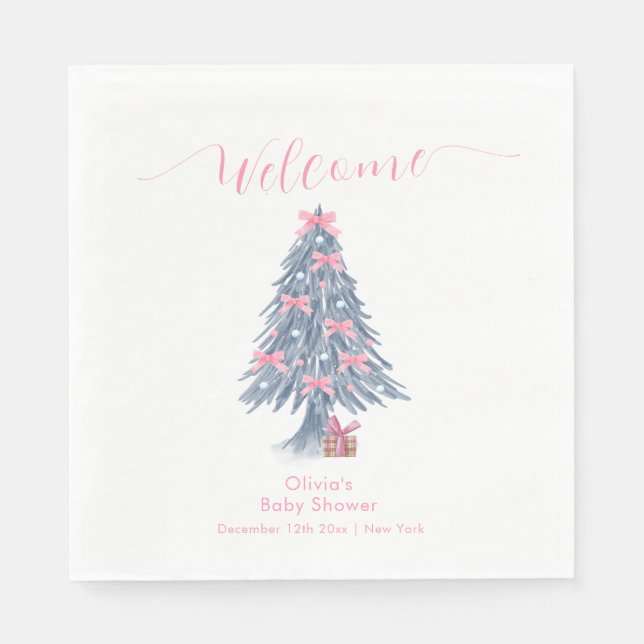 Pink Winter Bow Christmas Tree Baby Shower Welcome Serviette (Vorderseite)