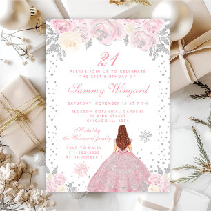 Pink Winter Braune Haar Prinzessin Geburtstagsfeie Einladung