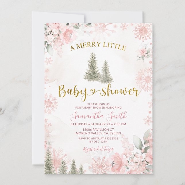 Pink Winter Christmas A Merry Little Baby Shower Einladung (Vorderseite)