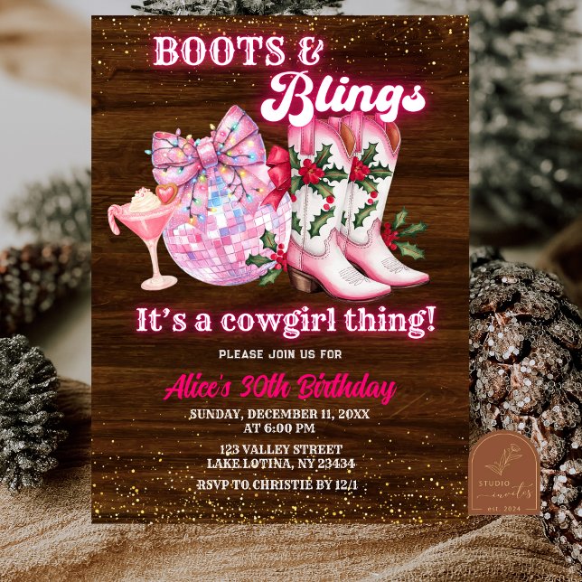 Pink Winter Christmas Boots and Blings Birthday Einladung (Von Creator hochgeladen)