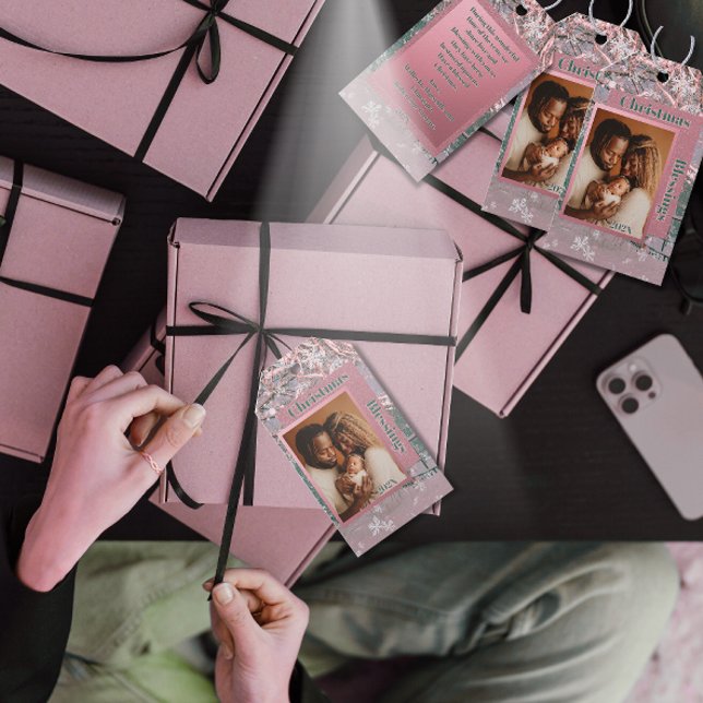 Pink Winter Christmas Family Photo Geschenkanhänger (Von Creator hochgeladen)