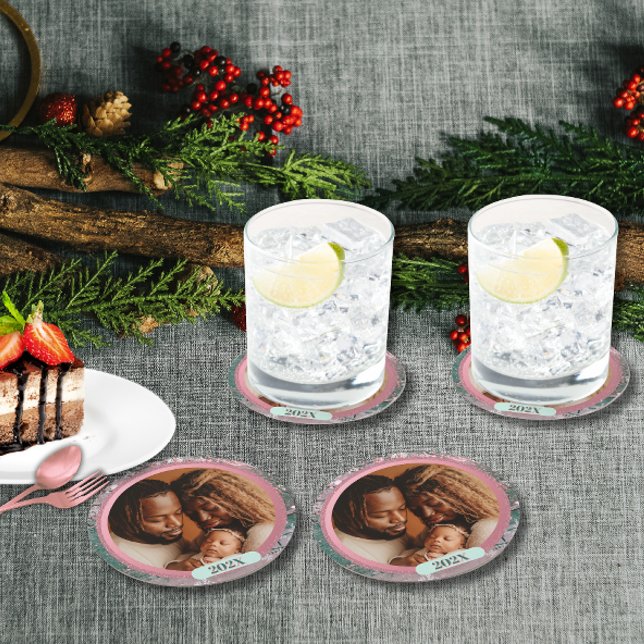 Pink Winter Christmas Family Photo Runder Pappuntersetzer (Von Creator hochgeladen)