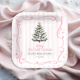 Pink Winter Christmas Tree Baby Shower Pappteller