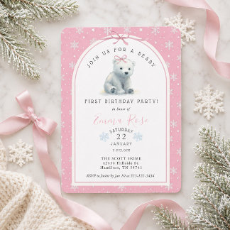 Pink Winter Eisbär Beary 1. Geburtstagsfeier Einladung