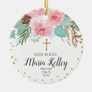 Pink Winter Floral Personalisiert Girl Taufe Keramik Ornament