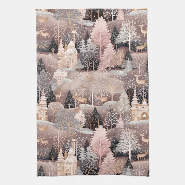 Pink Winter Hirsch Fantasy Schloss Landschaft (2) Geschirrtuch (Vertikal)