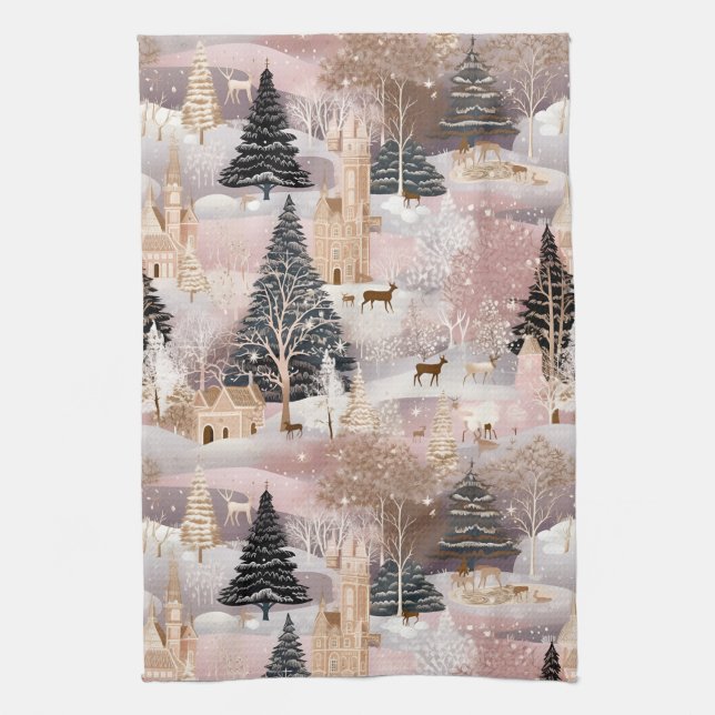 Pink Winter Hirsch Fantasy Schloss Landschaft (4) Geschirrtuch (Vertikal)