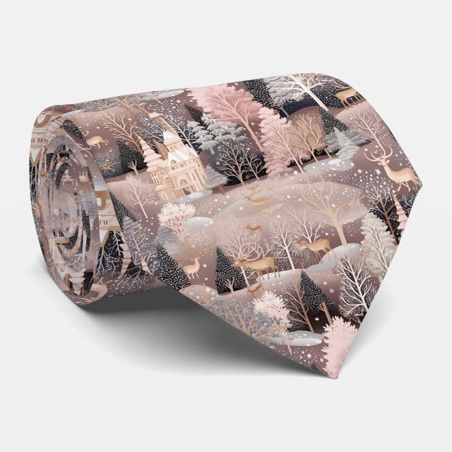 Pink Winter Hirsch Fantasy Schloss Landschaft (4) Krawatte (Gerollt)