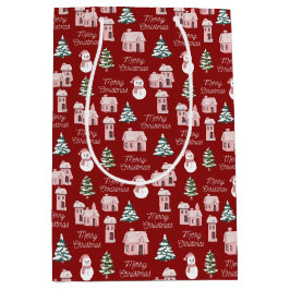 Pink Winter Hütte Pine Trees Weihnachten Mittlere Geschenktüte