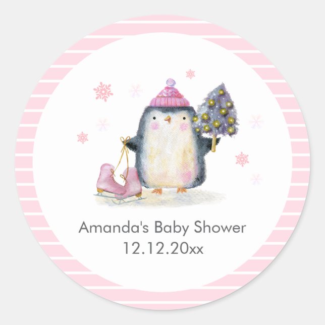Pink Winter Ice Skate Penguin Baby Shower  Runder Aufkleber (Vorderseite)