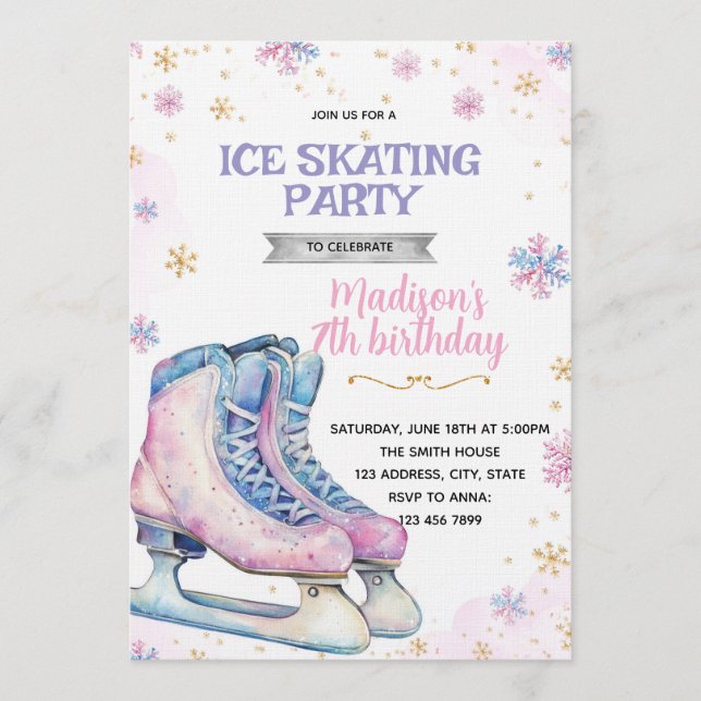 Pink winter ice skating invitation einladung (Vorderseite)