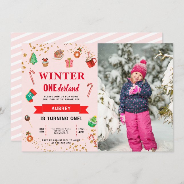 Pink Winter Onederland Erster Geburtstag Einladung (Vorne/Hinten)