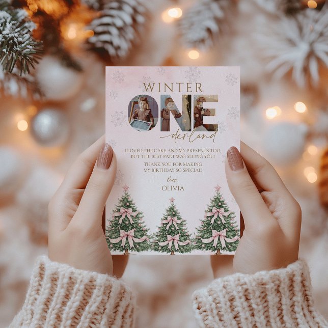 Pink Winter Onederland Girl 1st Birthday Photo Dankeskarte (Von Creator hochgeladen)