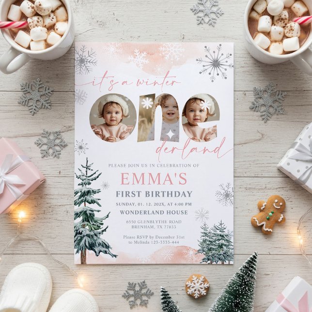 Pink Winter Onederland Girl Bday Photo Invitation Einladung (Von Creator hochgeladen)