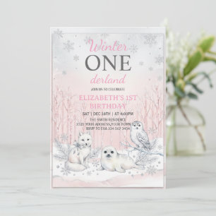 Pink Winter Onederland Silber Glitter 1. Geburtsta Einladung