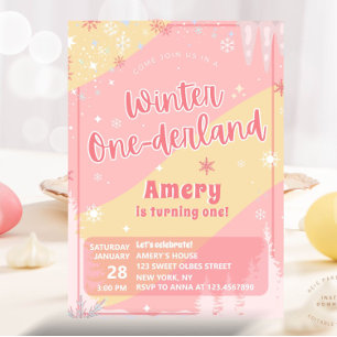 Pink Winter Onederland Silber Glitter 1. Geburtsta Einladung