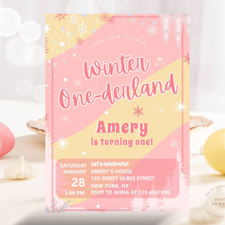 Pink Winter Onederland Silber Glitter 1. Geburtsta Einladung