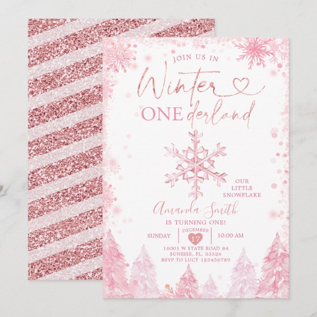 Pink Winter Onederland Snowflake 1. Geburtstag Einladung (Vorne/Hinten)