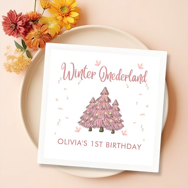 Pink Winter Onederland Weihnachtsbaum Geburtstag Serviette (Von Creator hochgeladen)