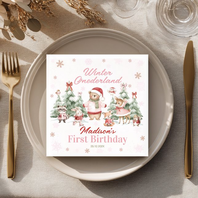 Pink Winter Onederland Woodland Animals Birthday Serviette (Von Creator hochgeladen)
