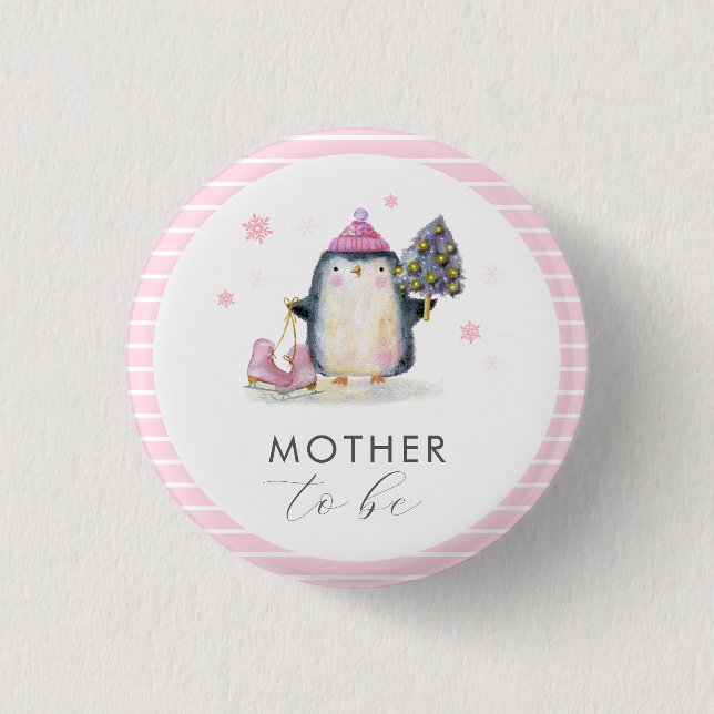 Pink Winter Penguin Mother To Be Baby Shower  Button (Vorderseite)