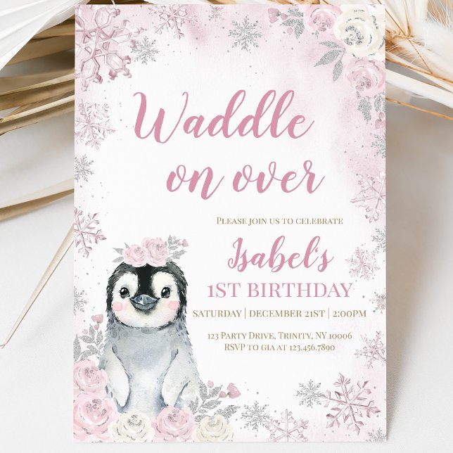 Pink Winter Pinguin Geburtstagsparty Einladung (Von Creator hochgeladen)