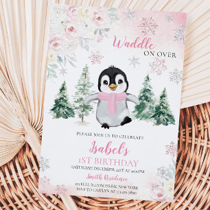 Pink Winter Pinguin Geburtstagsparty Einladung
