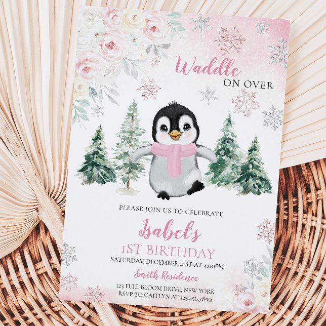 Pink Winter Pinguin Geburtstagsparty Einladung (Von Creator hochgeladen)