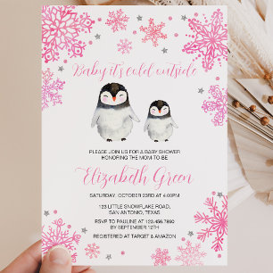 Pink Winter Pinguin Kinderdusche Einladung