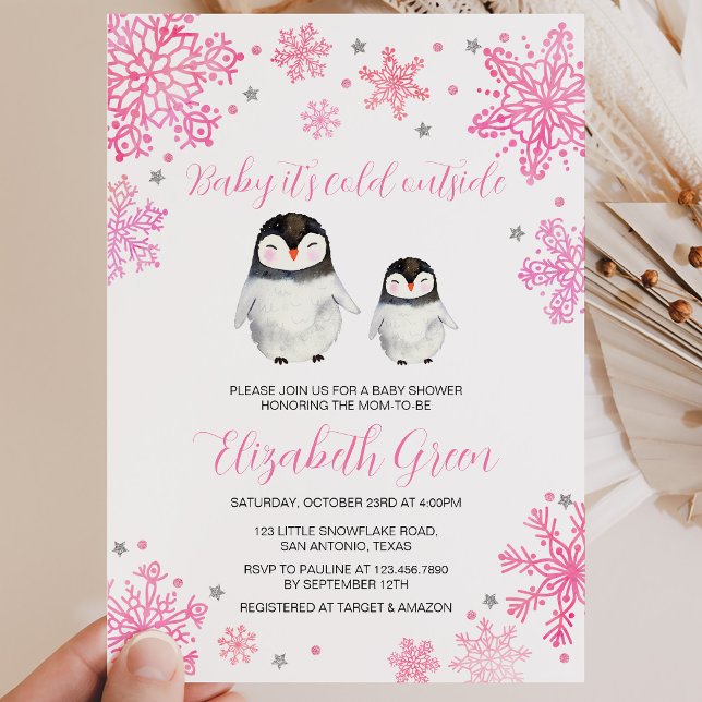 Pink Winter Pinguin Kinderdusche Einladung (Von Creator hochgeladen)