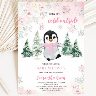 Pink Winter Pinguin Kinderdusche Einladung