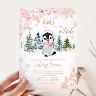 Pink Winter Pinguin Kinderdusche Einladung
