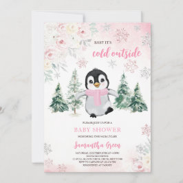 Pink Winter Pinguin Kinderdusche Einladung