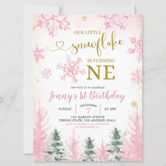 Pink Winter Snowflake Erster Geburtstag Einladung