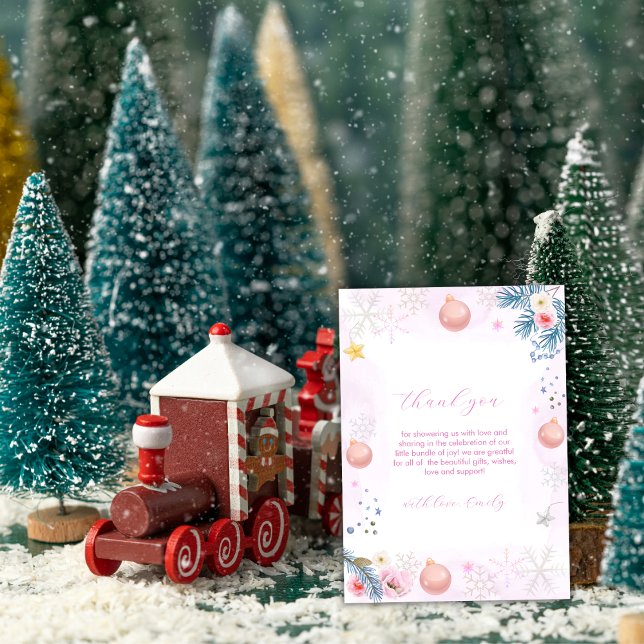 Pink Winter Snowflake Floral Baby Shower  Dankeskarte (Pink Winter Snowflake Floral Baby Shower Thank You Card)