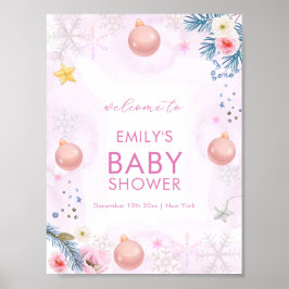 Pink Winter Snowflake Floral Baby Shower Welcome Poster