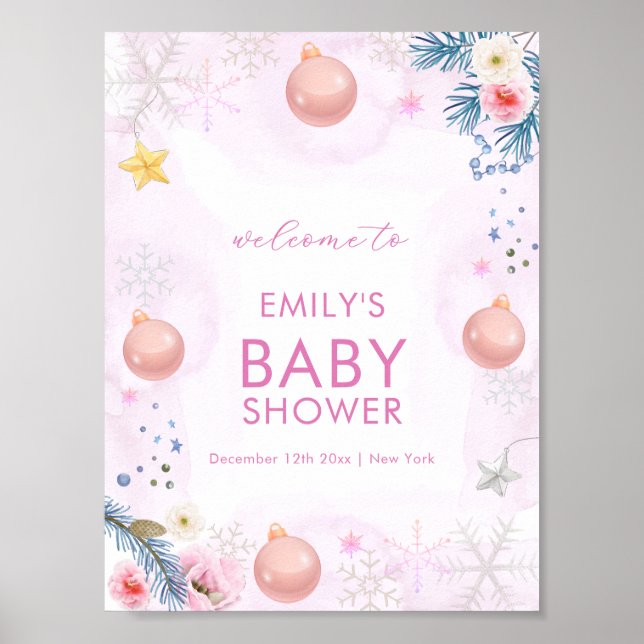 Pink Winter Snowflake Floral Baby Shower Welcome  Poster (Vorne)