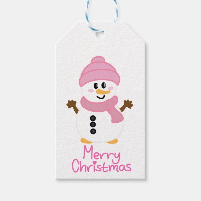 Pink Winter Snowman Frohe Weihnachten Geschenkanhänger (Vorderseite)