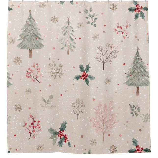 Pink Winter - Stechpalmenblätter, Kiefernbaum, Sch Duschvorhang (Vorderseite)