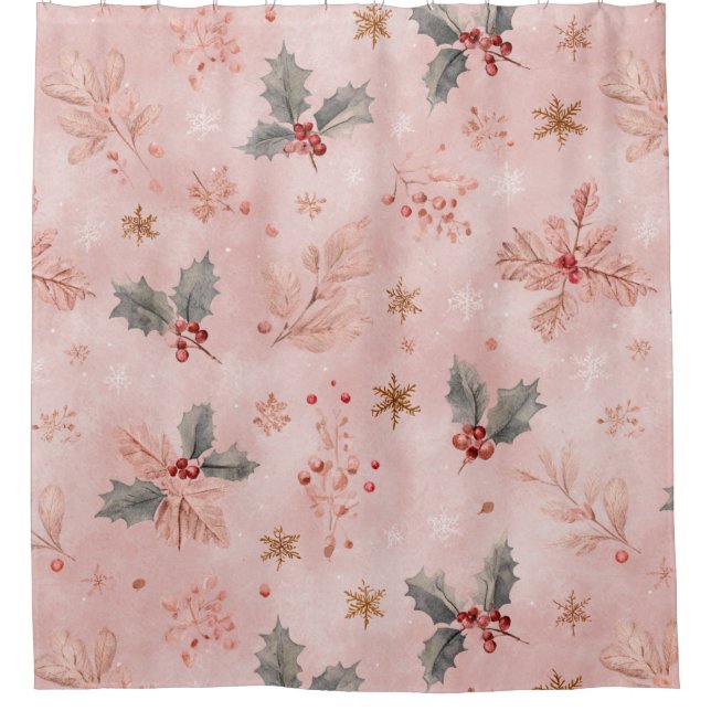 Pink Winter - Stechpalmenblätter und Schneeflocken Duschvorhang (Vorderseite)