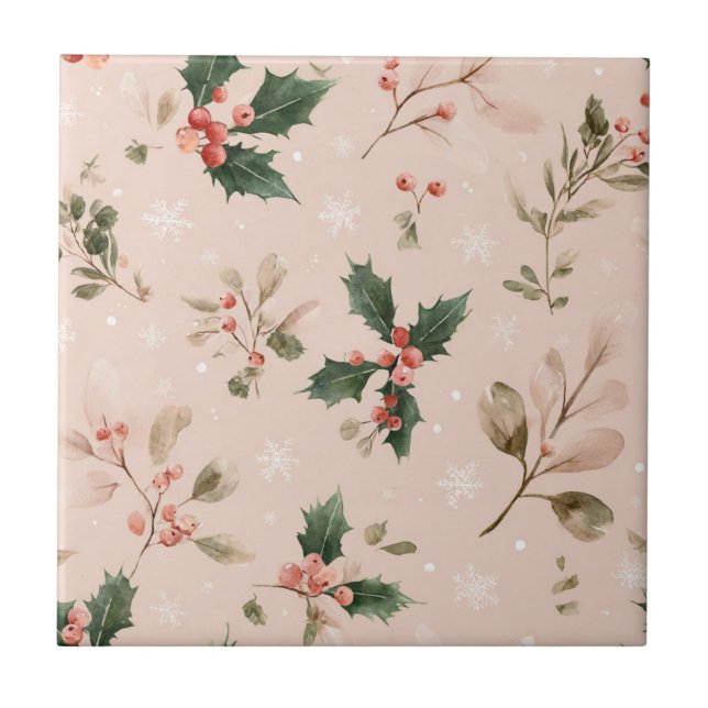 Pink Winter - Stechpalmenblätter und Schneeflocken Fliese (Vorderseite)