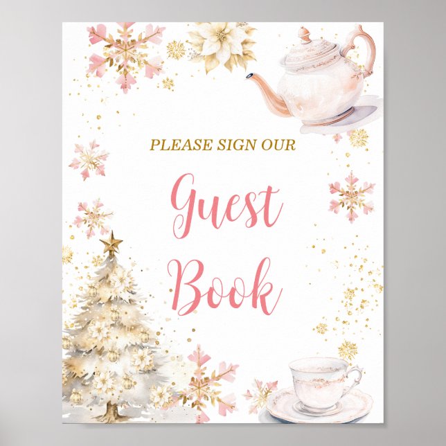 Pink Winter Tea Party Baby Shower Guest Book Poster (Vorne)