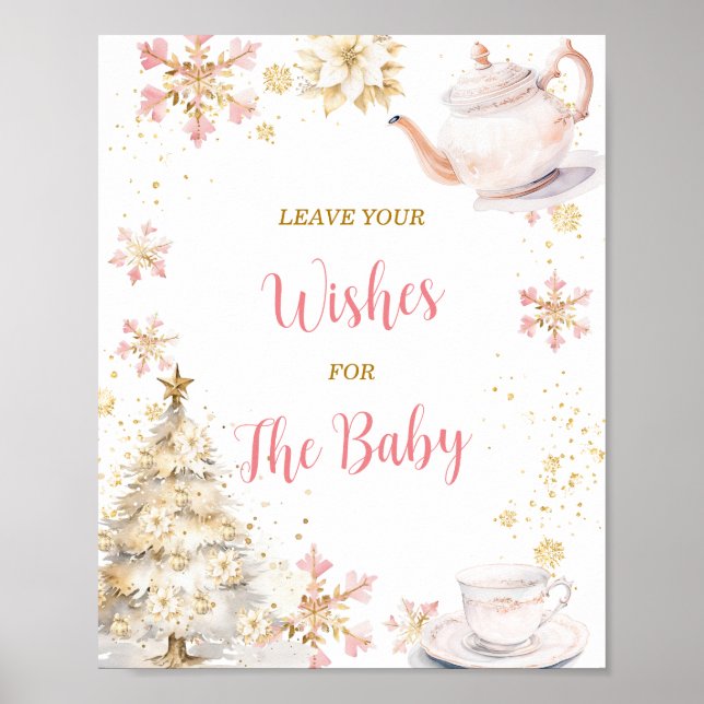 Pink Winter Tea Party Baby Shower Leave Your Wish Poster (Vorne)