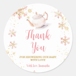 Pink Winter Tea Party Baby Shower Thank You Runder Aufkleber