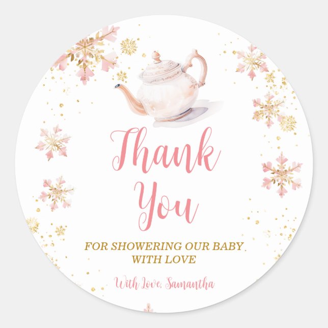 Pink Winter Tea Party Baby Shower Thank You Runder Aufkleber (Vorderseite)