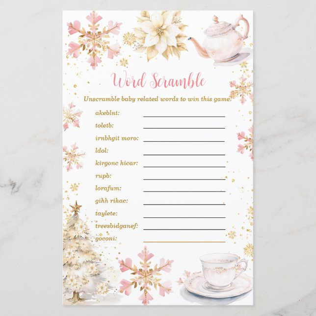 Pink Winter Tea Party Baby Shower Word Scramble (Vorderseite)