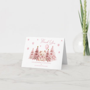 Pink Winter Teddy Bear Bow Baby Girl Dusche Dankeskarte