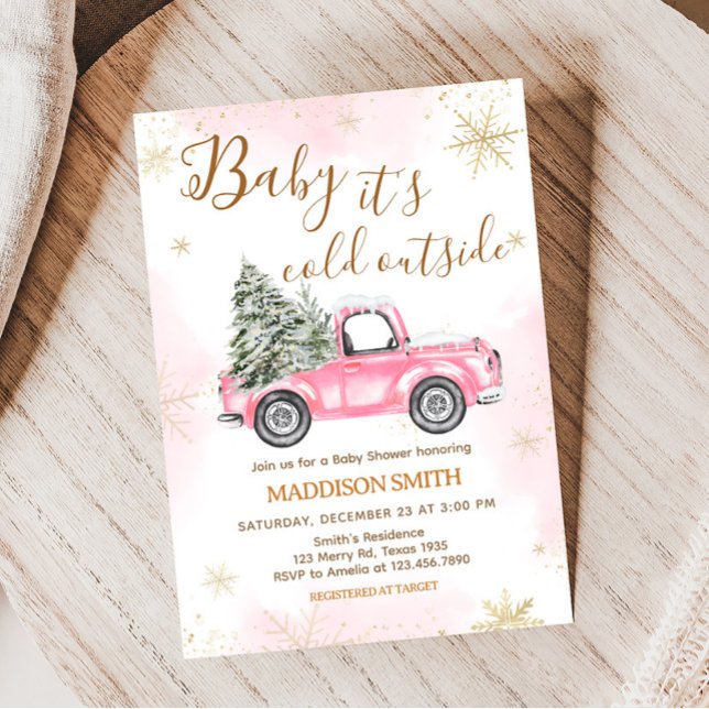 Pink Winter Truck Kinderdusche Einladung (Pink Snowflake Baby Shower Invitation)
